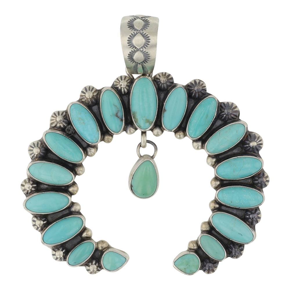 Kathleen Livingston Navajo Campitos Turquoise Naja Pendant: Sterling Silver | Genuine Campitos Turquoise | Kathleen Livingston Navajo Campitos Turquoise Naja Pendant | Navajo Native American Southwest Indian Jewelry | Good (no breaks or damages) | Approximate 