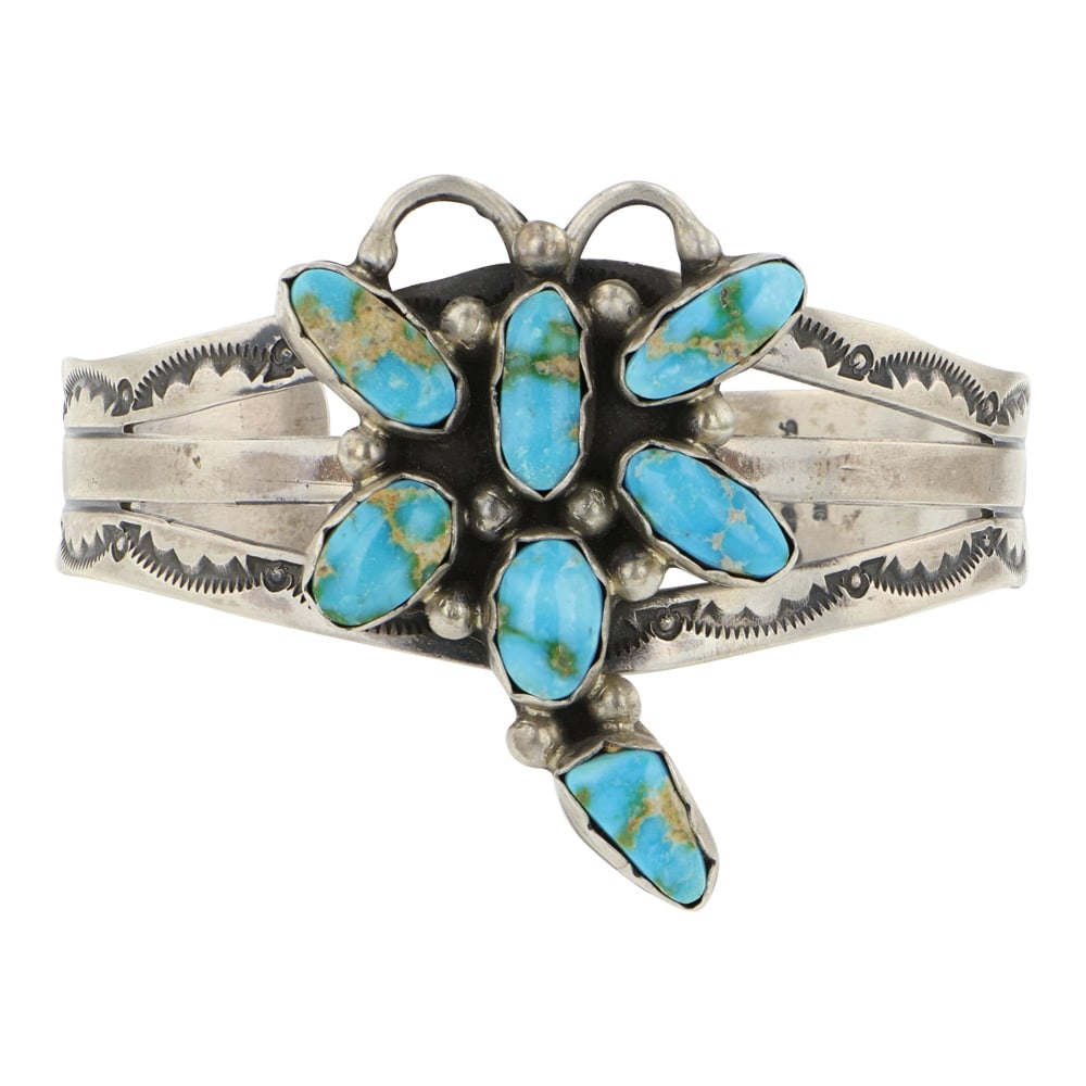 Kathleen Chavez Navajo Sonoran Mountain Turquoise Dragonfly Stamp-Work Bracelet: Sterling Silver | Genuine Sonoran Mountain Turquoise | Kathleen Chavez Navajo Sonoran Mountain Turquoise Dragonfly Stamp-Work Bracelet | Navajo Native American Southwest Indian Jewelry | Good (no brea