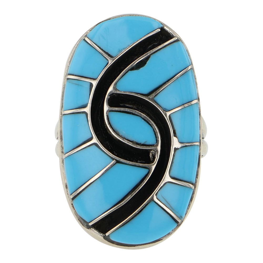 Zuni Sleeping Beauty Turquoise Inlay Ring: Sterling Silver | Genuine Sleeping Beauty Turquoise | Zuni Sleeping Beauty Turquoise Inlay Ring | Zuni Native American Southwest Indian Jewelry | Good (no breaks or damages) | Approximate Weight:?8?Gr