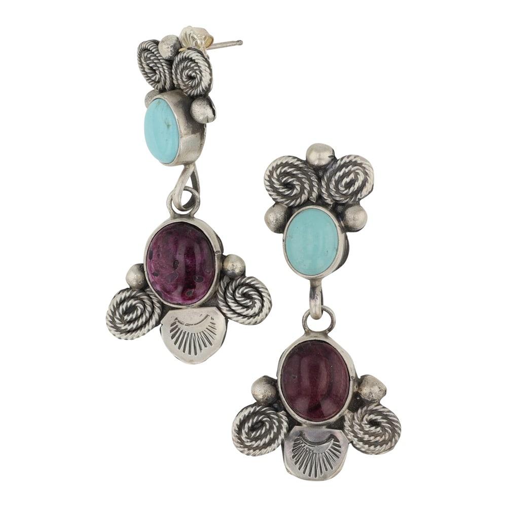 Joelias Draper Navajo Turquoise & Spiny Oyster Earrings: Sterling Silver | Genuine Turquoise & Spiny Oyster | Joelias Draper Navajo Turquoise & Spiny Oyster Earrings | Navajo Native American Southwest Indian Jewelry | Good (no breaks or damages) | Approxima