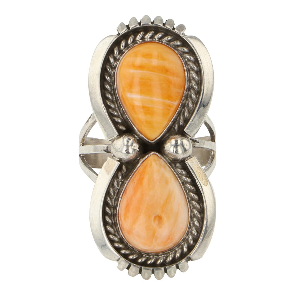 Ella Linkin Navajo Spiny Oyster Two Stone Ring: Sterling Silver | Genuine Spiny Oyster | Ella Linkin Navajo Spiny Oyster Two Stone Ring | Navajo Native American Southwest Indian Jewelry | Good (no breaks or damages) | Approximate Weight:?10?Grams |