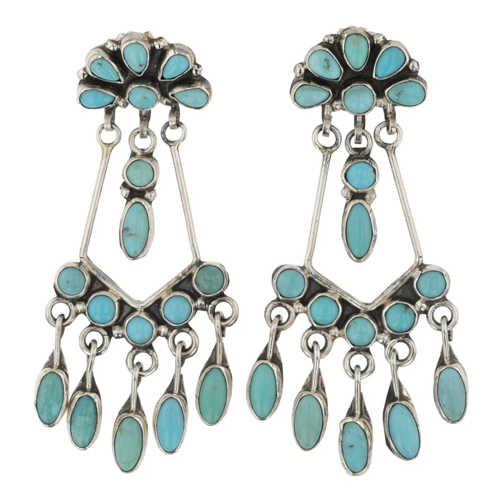 Zeta Begay Navajo Campitos Turquoise Chandelier Earrings: Sterling Silver | Genuine Campitos Turquoise | Zeta Begay Navajo Campitos Turquoise Chandelier Earrings | Navajo Native American Southwest Indian Jewelry | Good (no breaks or damages) | Approximate We