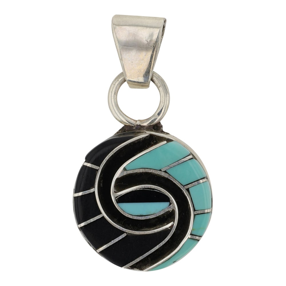 Amy Quandelacy Zuni Turquoise & jet Inlay Pendant: Sterling Silver | Genuine Turquoise & Jet | Amy Quandelacy Zuni Turquoise & jet Inlay Pendant | Zuni Native American Southwest Indian Jewelry | Good (no breaks or damages) | Approximate Weight:?5?Gram