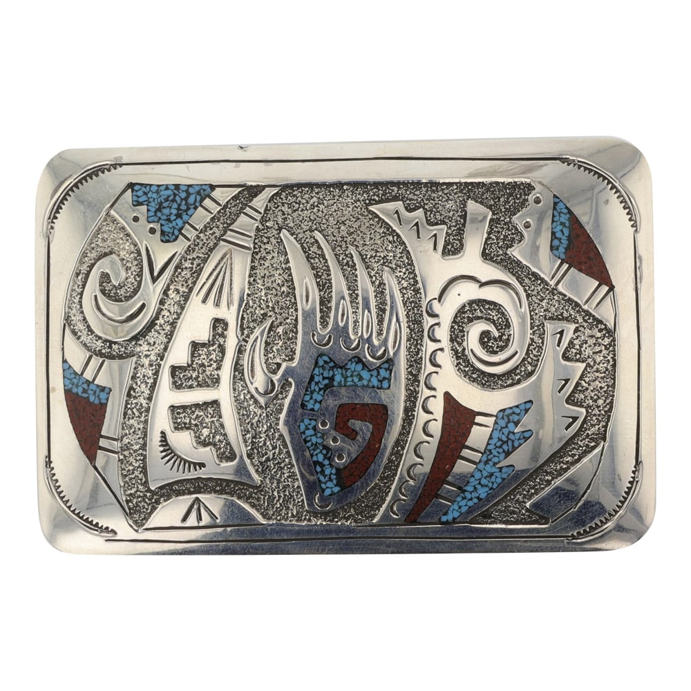 Raymond Begay Navajo Turquoise & Coral Chip Inlay Belt Buckle: Sterling Silver | Genuine Turquoise & Coral | Raymond Begay Navajo Turquoise & Coral Chip Inlay Belt Buckle | Navajo Native American Southwest Indian Jewelry | Good (no breaks or damages) | Approximat
