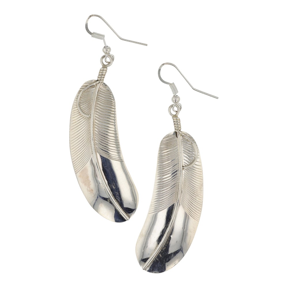 Chris Charley Navajo Plain Silver Feather Earrings: Sterling Silver | | Chris Charley Navajo Plain Silver Feather Earrings | Navajo Native American Southwest Indian Jewelry | Good (no breaks or damages) | Approximate Weight:?10?Grams | Earrings: 2" x .