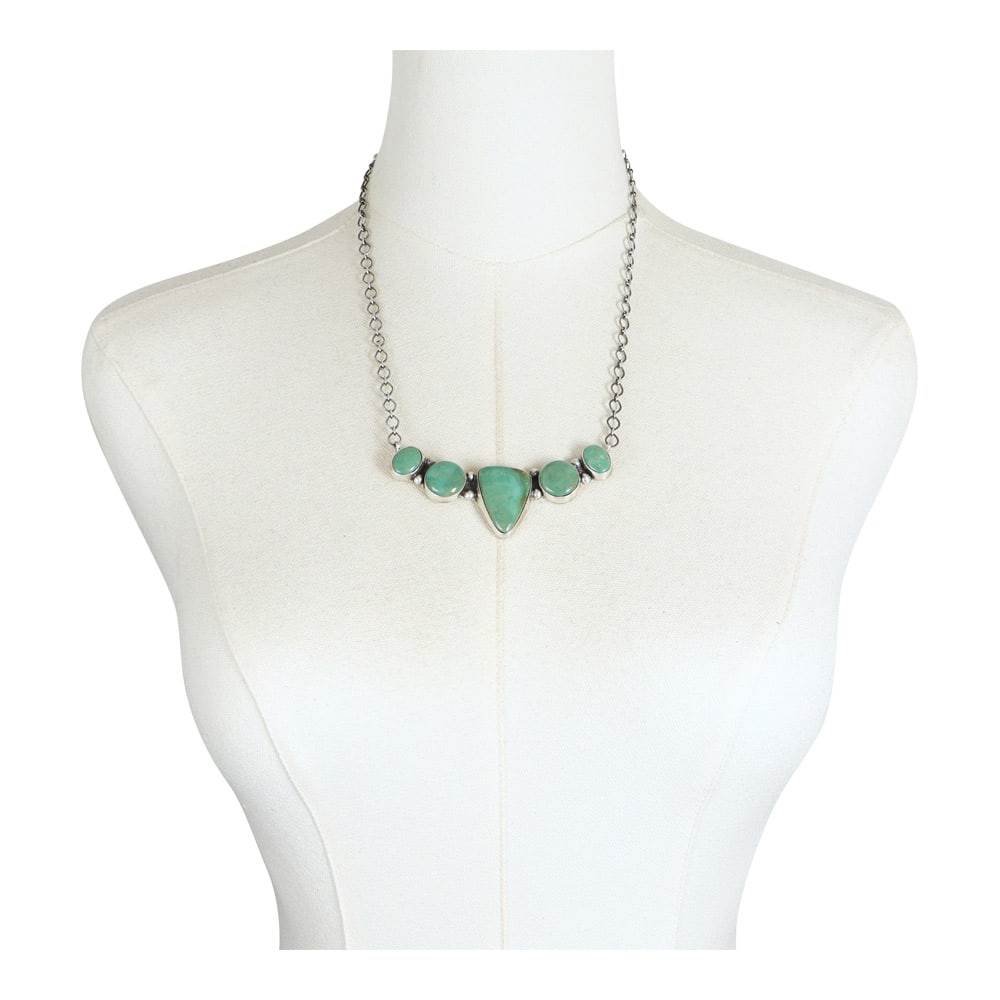Talia Benally Navajo Fox Turquoise Five Stone Bar Necklace: Sterling Silver | Genuine Fox Turquoise | Talia Benally Navajo Fox Turquoise Five Stone Bar Necklace | Navajo Native American Southwest Indian Jewelry | Good (no breaks or damages) | Approximate Weigh