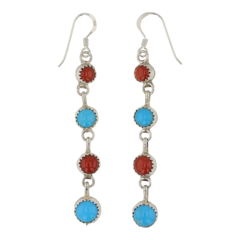 Navajo Turquoise & Coral Earrings: Sterling Silver | Genuine Turquoise & Coral | Navajo Turquoise & Coral Earrings | Navajo Native American Southwest Indian Jewelry | Good (no breaks or damages) | Approximate Weight:?5?Grams | Earrings