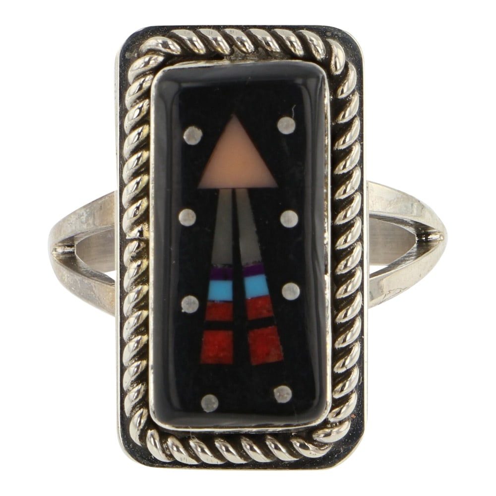 Sylvana Apache Navajo Turquoise Coral & Jet Black Micro Inlay Ring: Sterling Silver | Genuine Turquoise, Coral & Jet Black | Sylvana Apache Navajo Turquoise Coral & Jet Black Micro Inlay Ring | Navajo Native American Southwest Indian Jewelry | Good (no breaks or damag