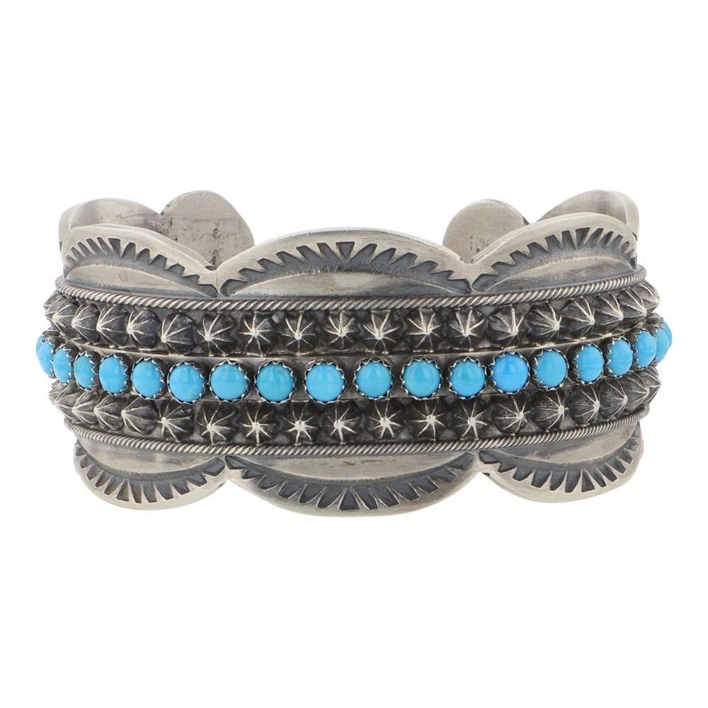 Mark Yazzie Navajo Sleeping Beauty Turquoise Stamp-Work Intricate Row Bracelet: Sterling Silver | Genuine Sleeping Beauty Turquoise | Mark Yazzie Navajo Sleeping Beauty Turquoise Stamp-Work Intricate Row Bracelet | Navajo Native American Southwest Indian Jewelry | Good (no breaks