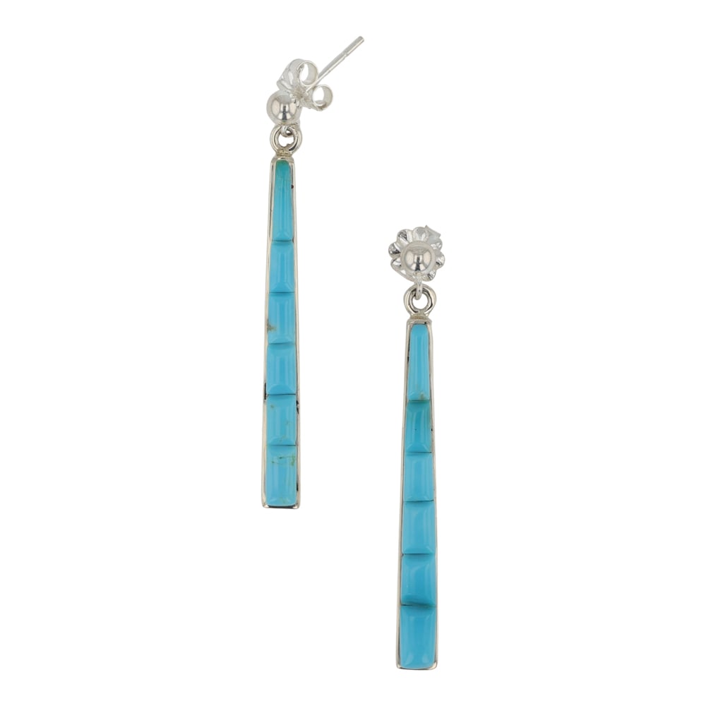 Rick Tolino Kingman Turquoise Cobblestone Inlay Earrings: Sterling Silver | Genuine Kingman Turquoise | Rick Tolino Kingman Turquoise Cobblestone Inlay Earrings | Navajo Native American Southwest Indian Jewelry | Good (no breaks or damages) | Approximate Wei