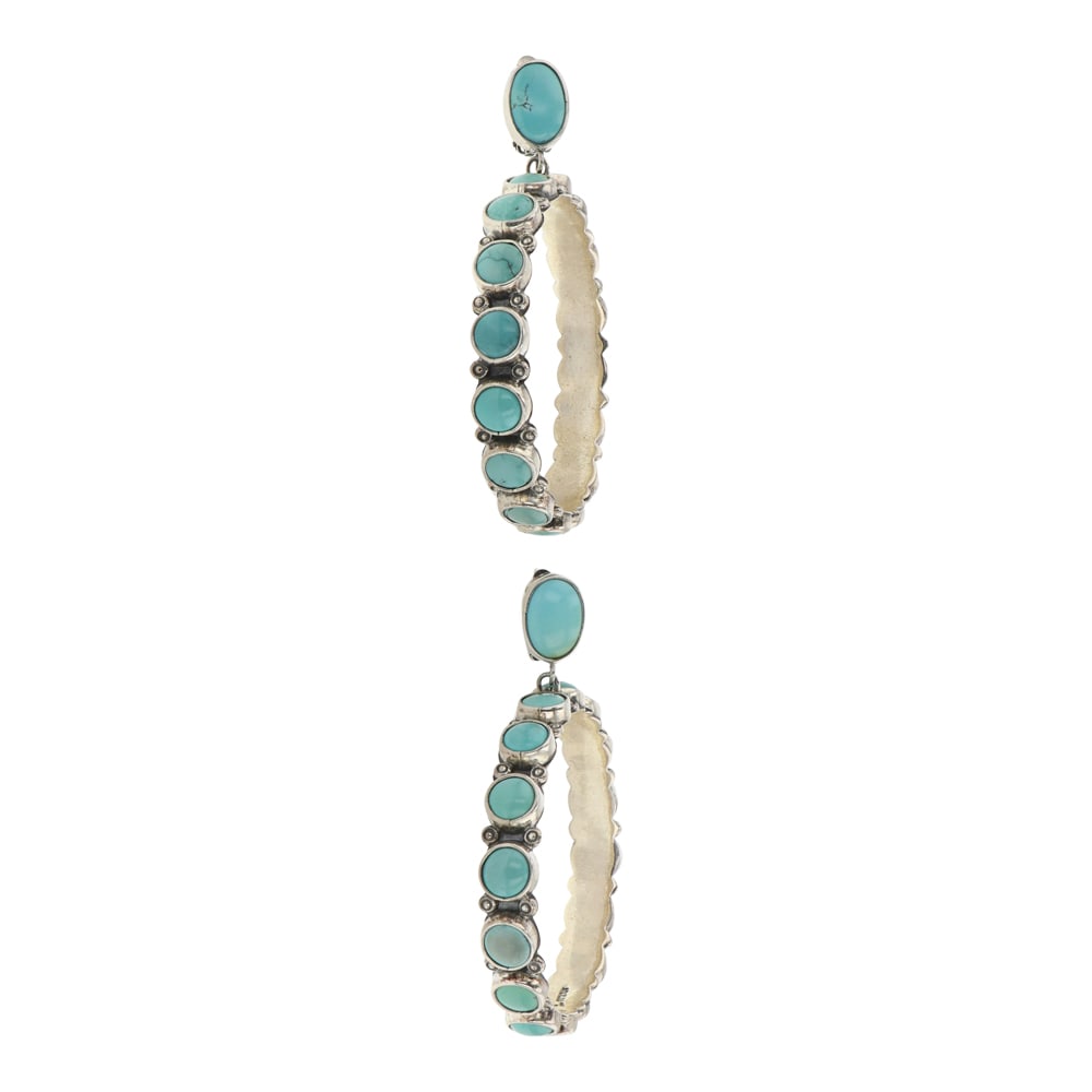 Federico Jimenez Hispanic Southwest Arist & Designer Turquoise Large Hoop Clip-on Earrings: Sterling Silver | Genuine Turquoise | Federico Jimenez Hispanic Southwest Arist & Designer Turquoise Large Hoop Clip-on Earrings | Hispanic Southwest Artist Jewelry | Good (no breaks or damages) | App