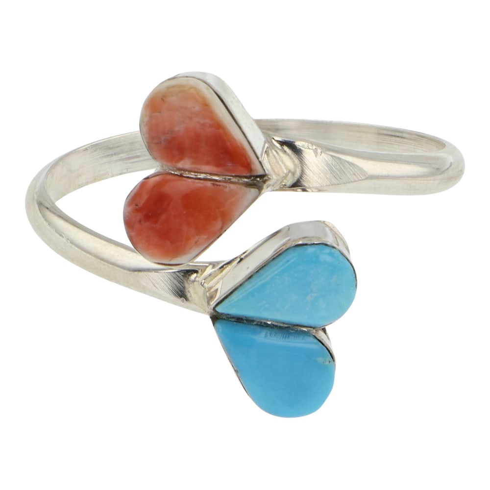 Navajo Turquoise & Spiny Oyster Inlay Adjustable Ring: Sterling Silver | Genuine Turquoise & Spiny Oyster | Navajo Turquoise & Spiny Oyster Inlay Adjustable Ring | Navajo Native American Southwest Indian Jewelry | Good (no breaks or damages) | Approximate