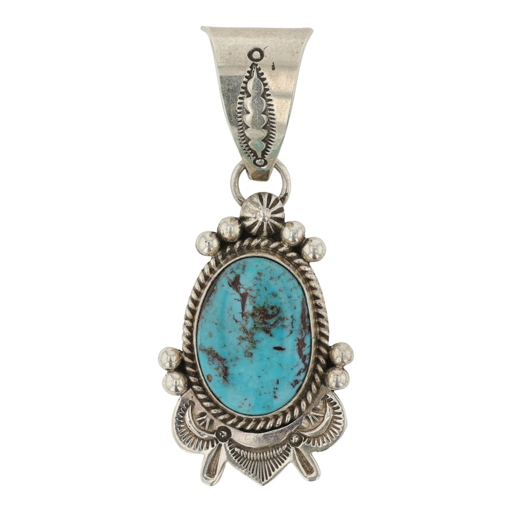 Eula Willie Navajo Nevada Turquoise Pendant: Sterling Silver | Genuine Nevada Turquoise | Eula Willie Navajo Nevada Turquoise Pendant | Navajo Native American Southwest Indian Jewelry | Good (no breaks or damages) | Approximate Weight: 12 Grams 