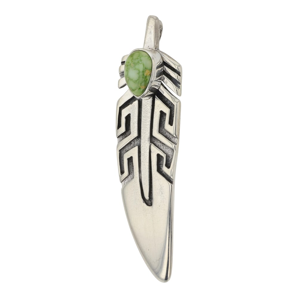 Navajo Sonoran Gold Turquoise Feather Pendant: Sterling Silver | Genuine Sonoran Gold Turquoise | Navajo Sonoran Gold Turquoise Feather Pendant | Navajo Native American Southwest Indian Jewelry | Good (no breaks or damages) | Approximate Weight:?7