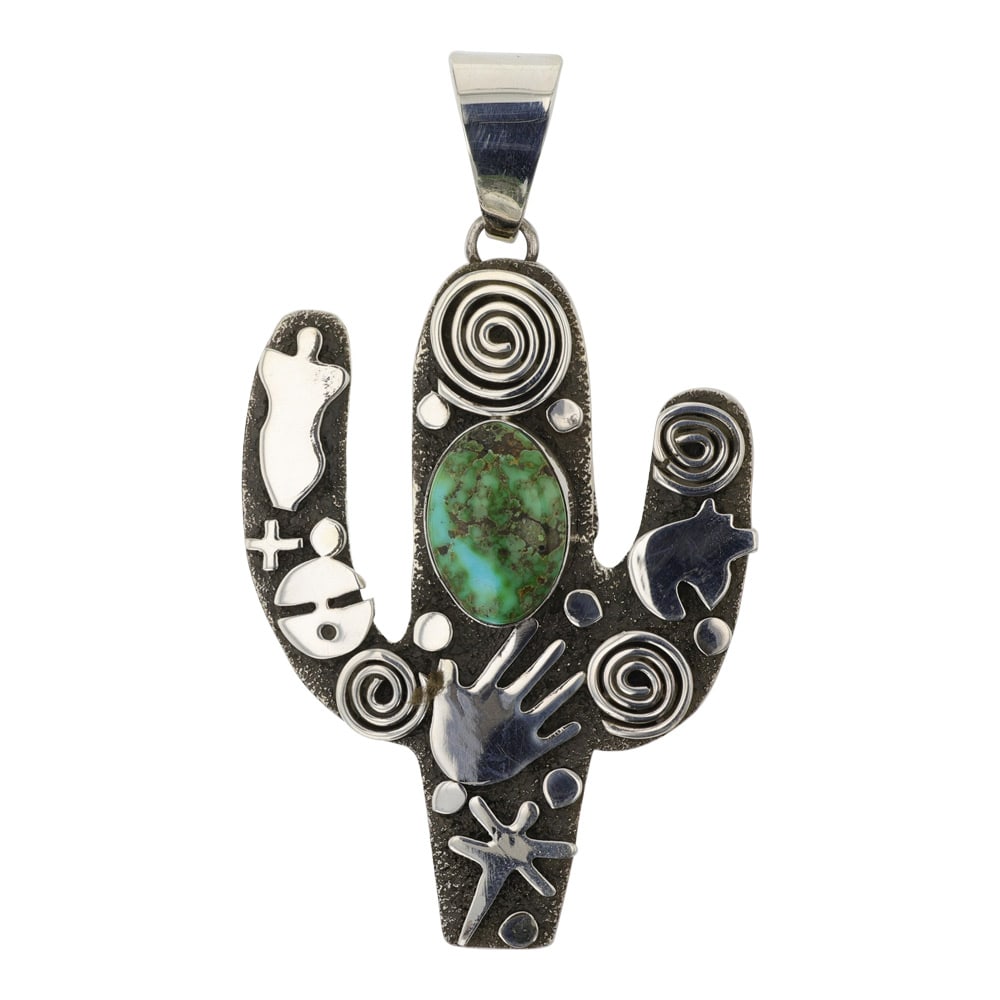 Alex Sanchez Award Winning Navajo Artist Sonoran Gold Turquoise Cactus Pendant: Sterling Silver | Genuine Sonoran Gold Turquoise | Alex Sanchez Award Winning Navajo Artist Sonoran Gold Turquoise Cactus Pendant | Navajo Native American Southwest Indian Jewelry | Good (no breaks or