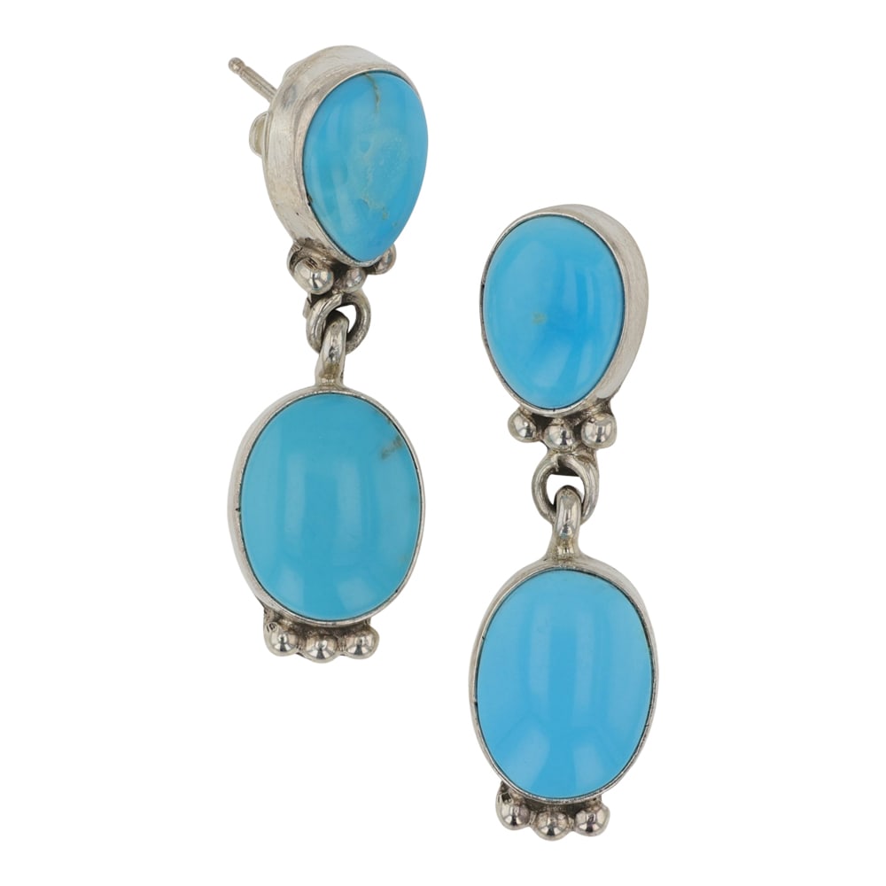 Burt Francisco Navajo Kingman Turquoise Two Stone Earrings: Sterling Silver | Genuine Kingman Turquoise | Burt Francisco Navajo Kingman Turquoise Two Stone Earrings | Navajo Native American Southwest Indian Jewelry | Good (no breaks or damages) | Approximate W