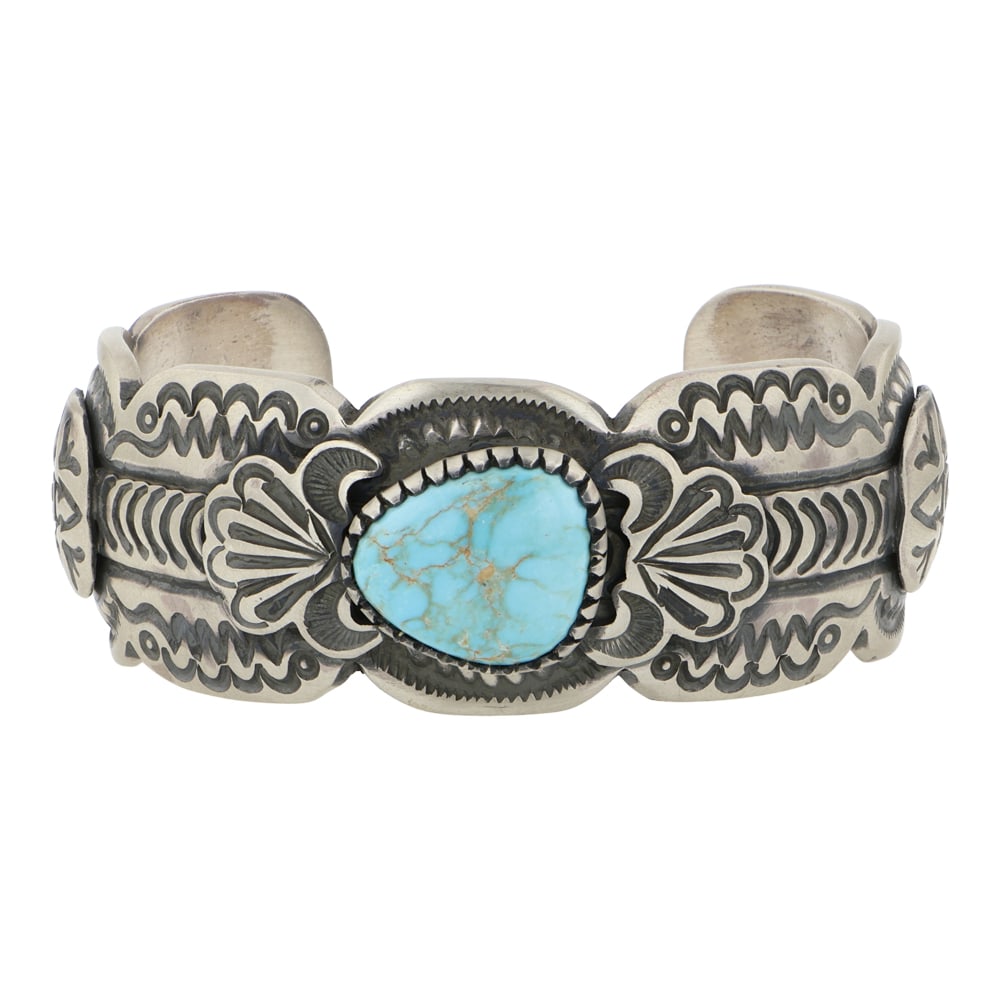 Randy Boyde Navajo Candelaria Turquoise Stamp-Work Detailed Cuff Bracelet (1 of 3)