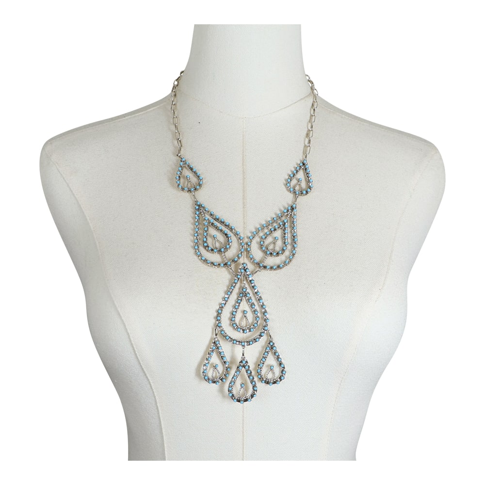 Zuni Petit Point Sleeping Beauty Turquoise Large Intricate Chandelier Necklace: Sterling Silver | Genuine Sleeping Beauty Turquoise | Zuni Petit Point Sleeping Beauty Turquoise Large Intricate Chandelier Necklace | Zuni Native American Southwest Indian Jewelry | Good (no breaks o