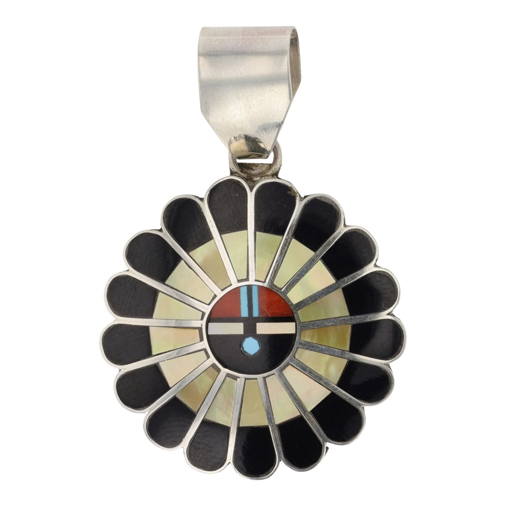 Zuni Turquoise Coral Acoma Jet & Mussel Inlay Pendant: Sterling Silver | Genuine Turquoise, Coral, Acoma Jet & Mussel | Zuni Turquoise Coral Acoma Jet & Mussel Inlay Pendant | Zuni Native American Southwest Indian Jewelry | Good (no breaks or damages) | A