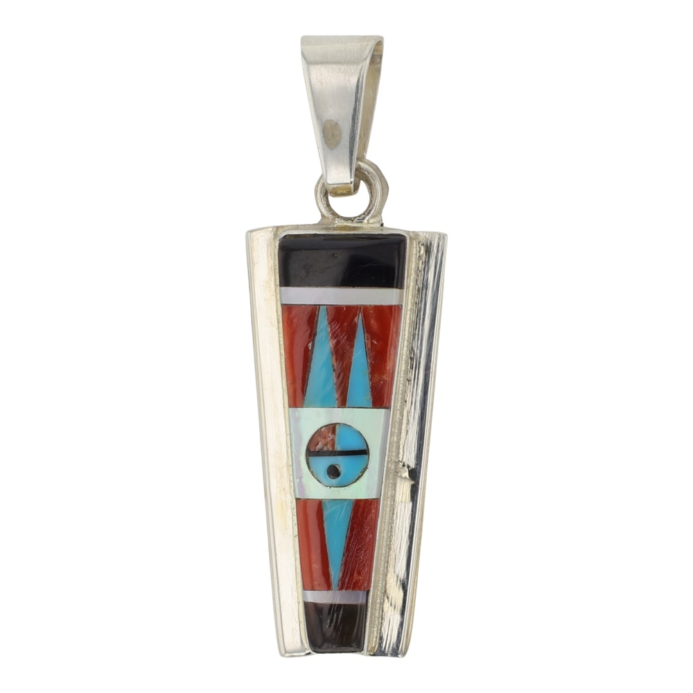 Edaakie Zuni Turquoise coral Acoma Jet & Mother of Pearl Inlay Pendant: Sterling Silver | Genuine Turquoise, Coral, Acoma Jet & Mother of Pearl | Edaakie Zuni Turquoise coral Acoma Jet & Mother of Pearl Inlay Pendant | Zuni Native American Southwest Indian Jewelry | Good 
