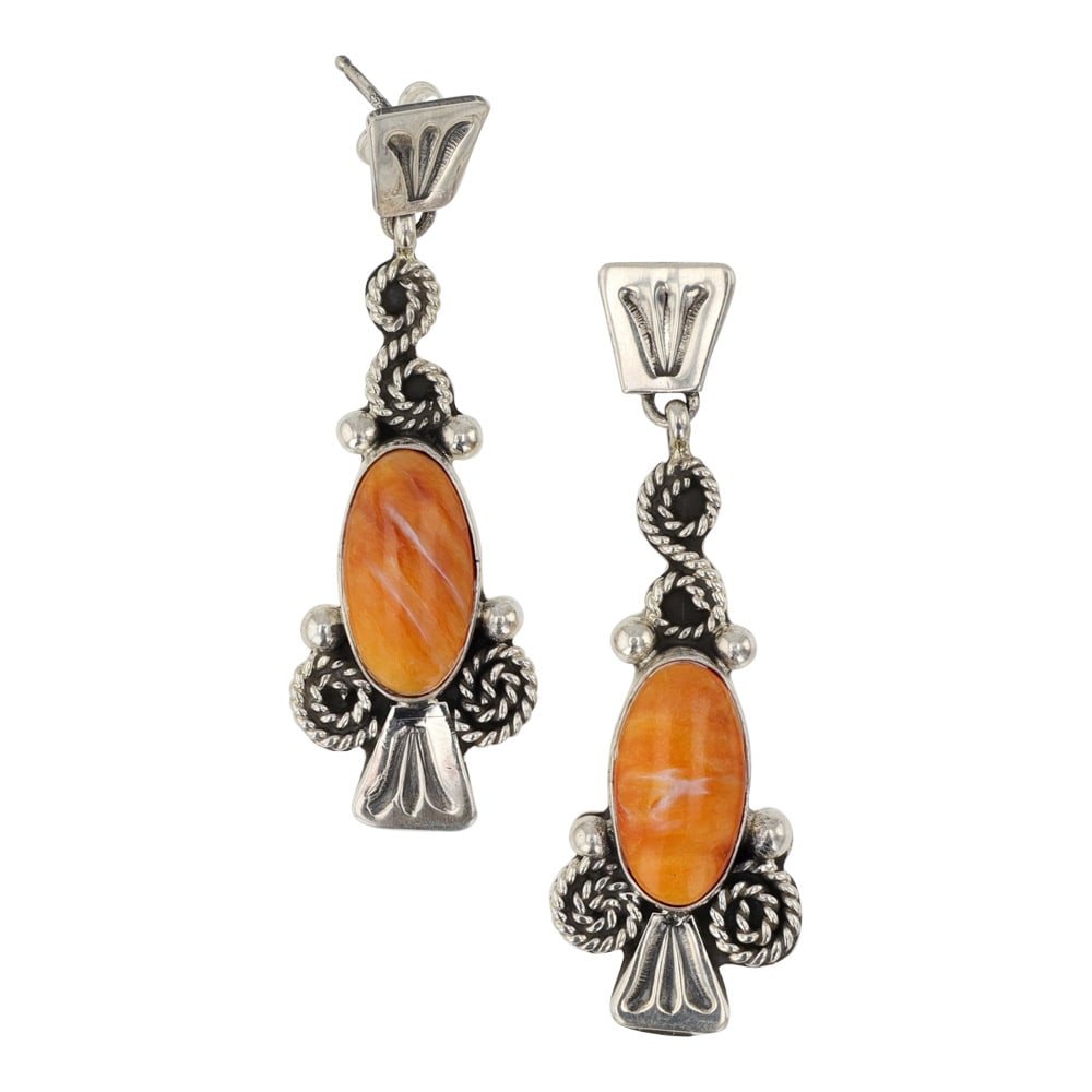 Navajo Spiny Oyster Earrings: Sterling Silver | Genuine Spiny Oyster | Navajo Spiny Oyster Earrings | Navajo Native American Southwest Indian Jewelry | Good (no breaks or damages) | Approximate Weight:?8?Grams | Earrings: 2" x .5"