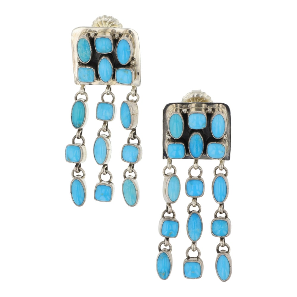 Renell Perry Sleeping Beauty Turquoise Chandelier Earrings: Sterling Silver | Genuine Sleeping Beauty Turquoise | Renell Perry Sleeping Beauty Turquoise Chandelier Earrings | Navajo Native American Southwest Indian Jewelry | Good (no breaks or damages) | Appro