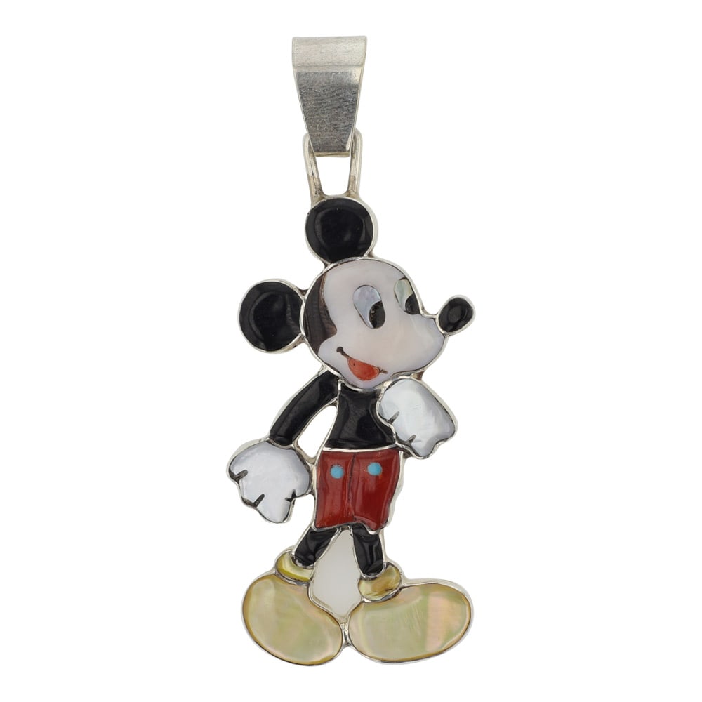 Don Dewa Award Winning Zuni Artist Turquoise Mediterranean Coral Acoma Jet MoP & Shell Inlay Mickey: Sterling Silver | Genuine Turquoise, Mediterranean Coral, Acoma Jet, Mother of Pearl & Shell | Don Dewa Award Winning Zuni Artist Turquoise Mediterranean Coral Acoma Jet MoP & Shell Inlay Mickey Mouse