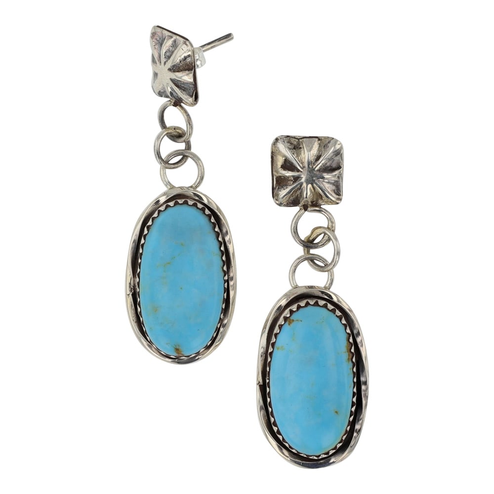 Navajo Campitos Turquoise Earrings: Sterling Silver | Genuine Campitos Turquoise | Navajo Campitos Turquoise Earrings | Navajo Native American Southwest Indian Jewelry | Good (no breaks or damages) | Approximate Weight:?7?Grams | Earrin