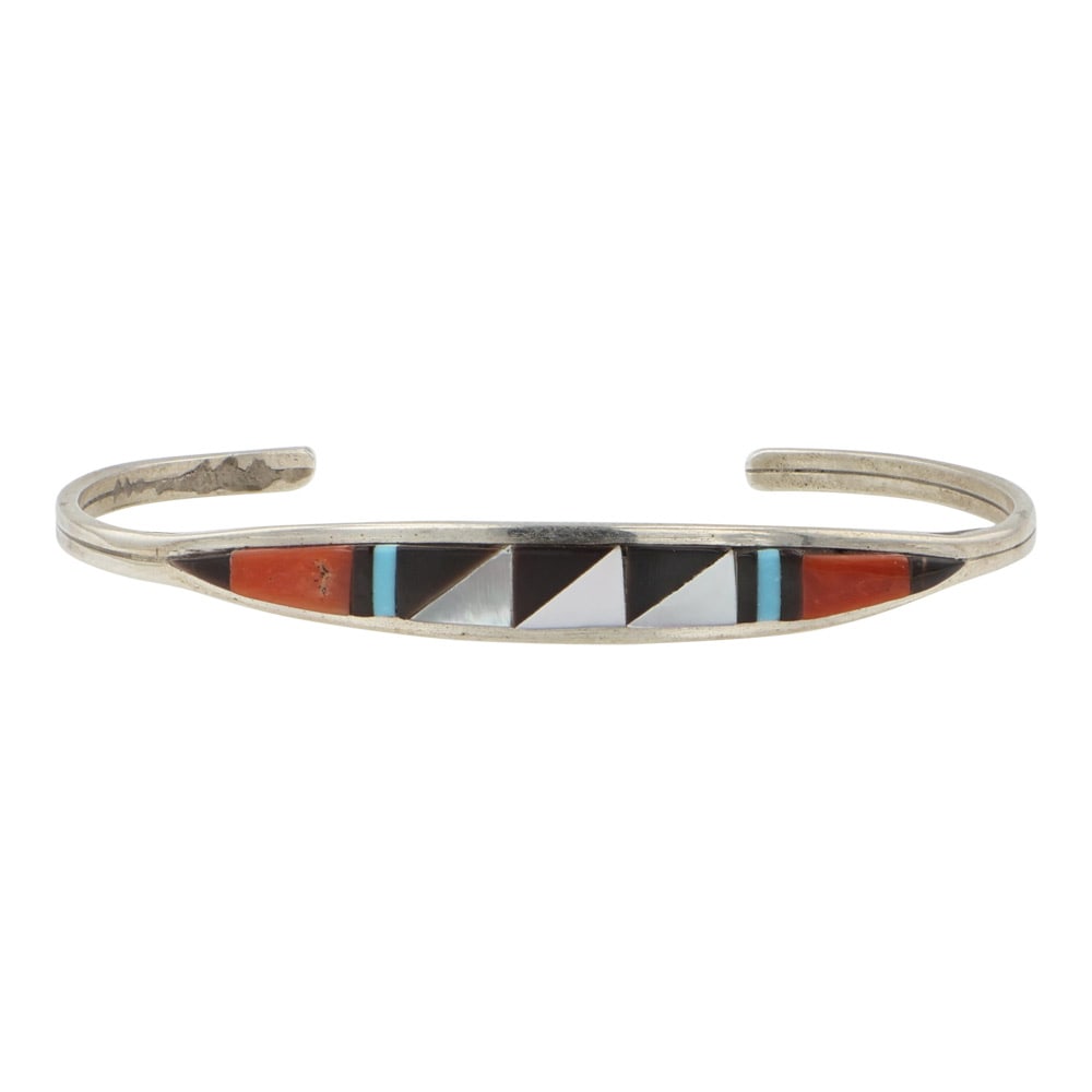 Zuni Turquoise Coral Acoma Jet & MoP Inlay Bracelet (1 of 3)