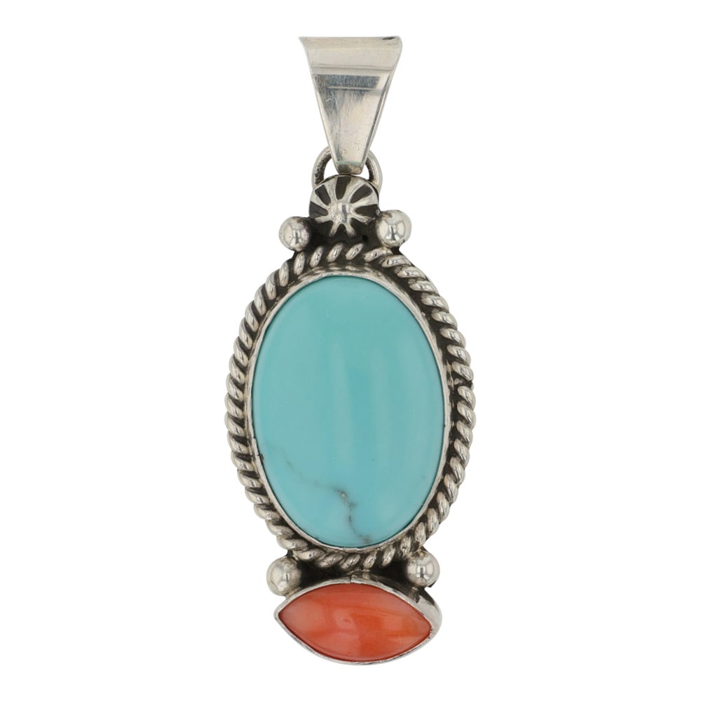Ella Linkin Navajo Turquoise & Corla Pendant: Sterling Silver | Genuine Turquoise & Coral | Ella Linkin Navajo Turquoise & Corla Pendant | Navajo Native American Southwest Indian Jewelry | Good (no breaks or damages) | Approximate Weight:?5?Grams