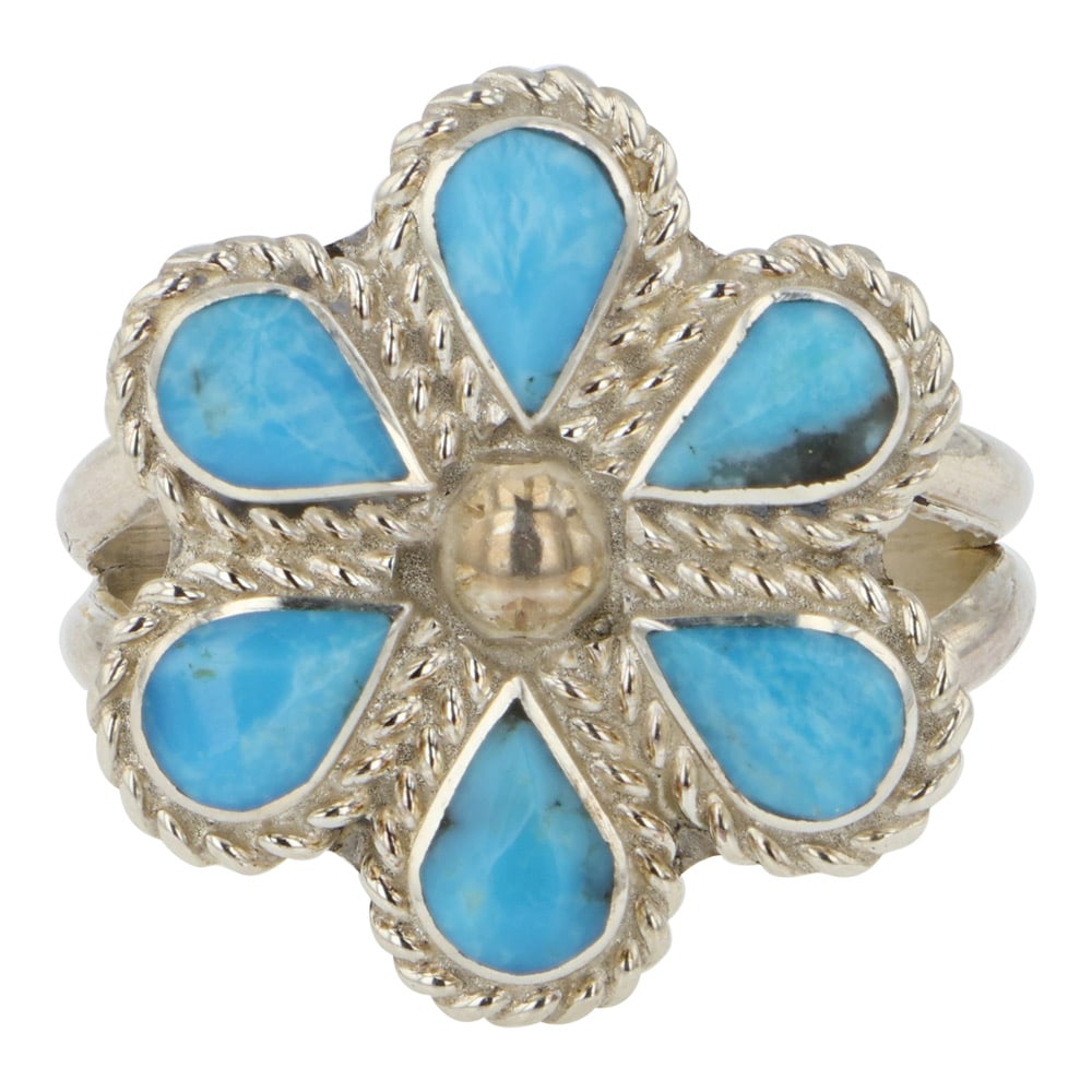 Zuni Turquoise Inlay Flower Ring (1 of 3)