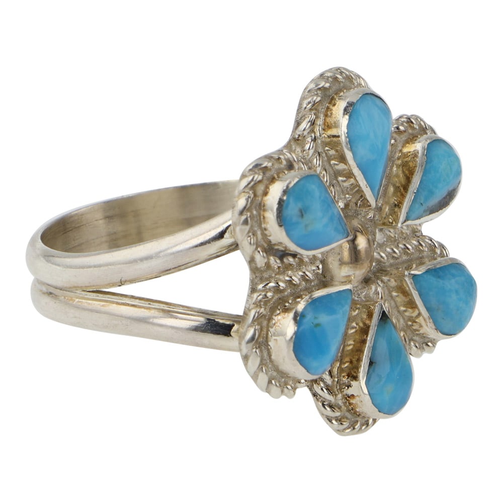 Zuni Turquoise Inlay Flower Ring - 2