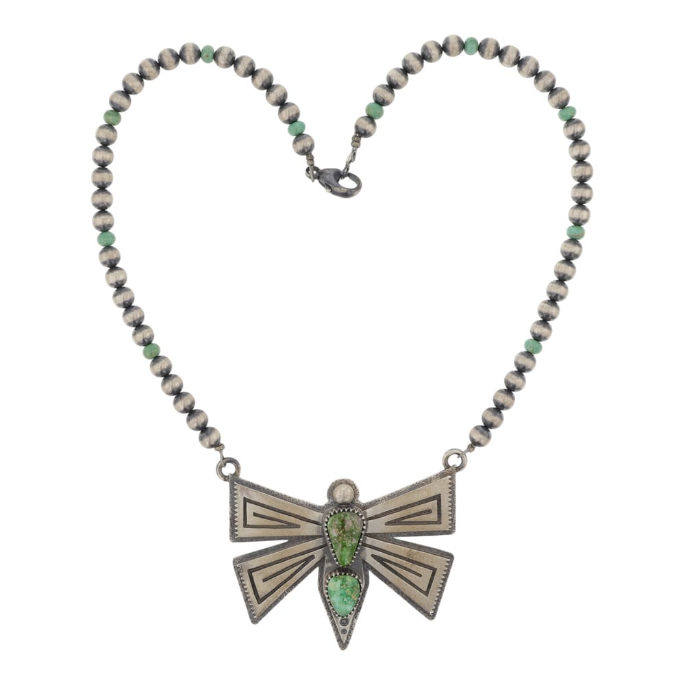 Charles Johnson Navajo Carico Lake Turquoise Dragonfly Necklace: Sterling Silver | Genuine Carico lake Turquoise | Charles Johnson Navajo Carico Lake Turquoise Dragonfly Necklace | Navajo Native American Southwest Indian Jewelry | Good (no breaks or damages) | Appr