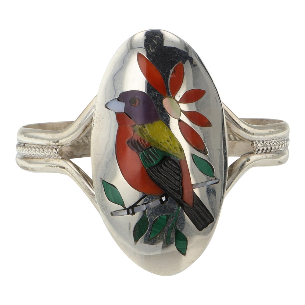 Quentin Quam Sr. Award Winning Zuni Coral Malachite MoP & Shell Inlay Bracelet: Sterling Silver | Genuine Coral, Malachite, Mother of Pearl & Shell | Quentin Quam Sr. Award Winning Zuni Coral Malachite MoP & Shell Inlay Bracelet | Zuni Native American Southwest Indian Jewelry | G
