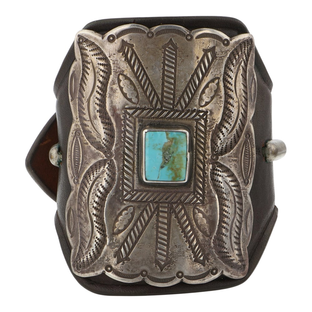 Buffalo Talented Santa Fe Artist Renown Ketoh Leather Bracelet Nevada Tuqruoise Bowgaurd Bracelet (1 of 3)