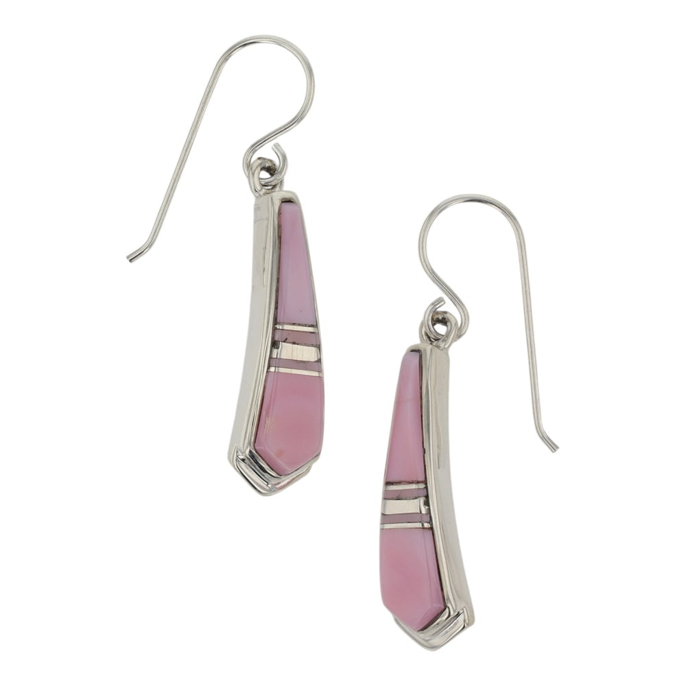 Rick Tolino Navajo Pink Conch Inlay Earrings: Sterling Silver | Genuine Pink Conch | Rick Tolino Navajo Pink Conch Inlay Earrings | Navajo Native American Southwest Indian Jewelry | Good (no breaks or damages) | Approximate Weight:?4?Grams | Earr