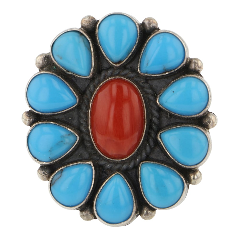 Eula Wylie Navajo Kingman Turquoise & Mediterranean Coral Cluster Ring: Sterling Silver | Genuine Kingman Turquoise & Mediterranean Coral | Eula Wylie Navajo Kingman Turquoise & Mediterranean Coral Cluster Ring | Navajo Native American Southwest Indian Jewelry | Good (no 