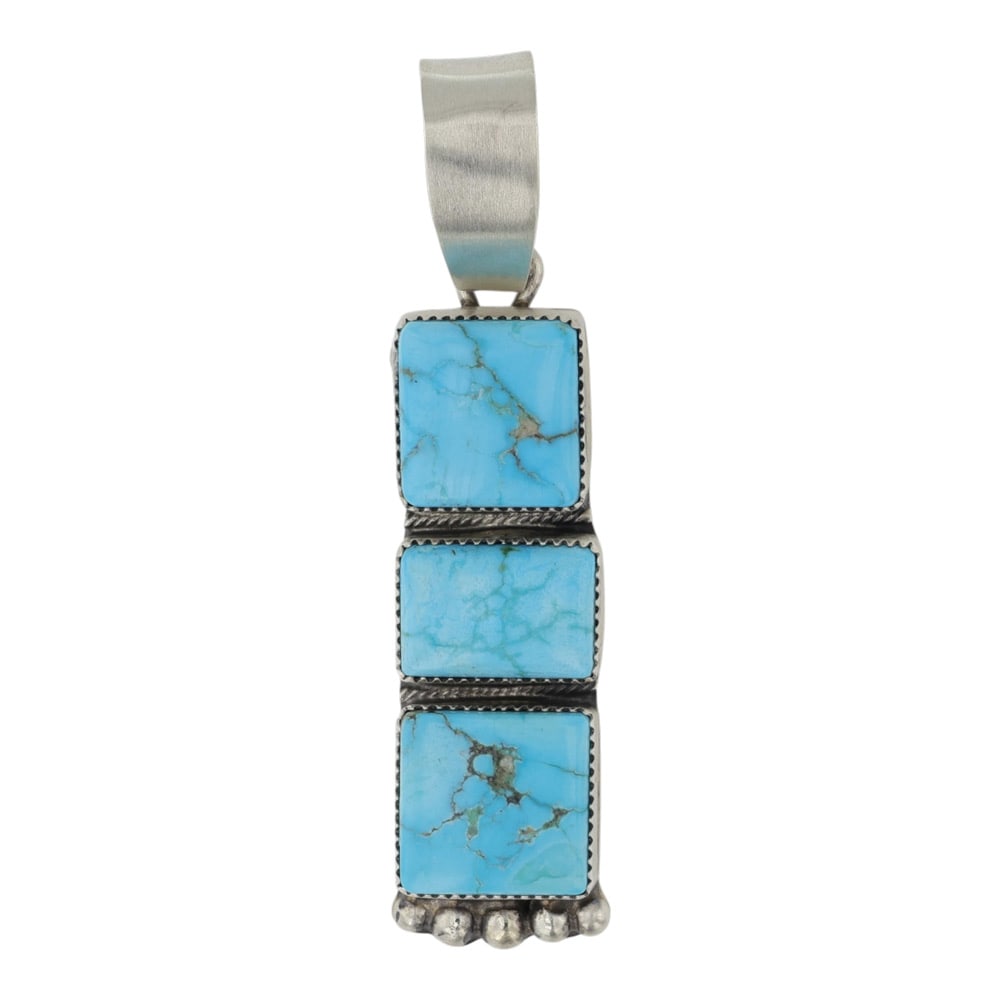 Bob Becenti Navjao Sierra Bella Turquoise Three Stone Pendant: Sterling Silver | Genuine Sierra Bella Turquoise | Bob Becenti Navjao Sierra Bella Turquoise Three Stone Pendant | Navajo Native American Southwest Indian Jewelry | Good (no breaks or damages) | Appro