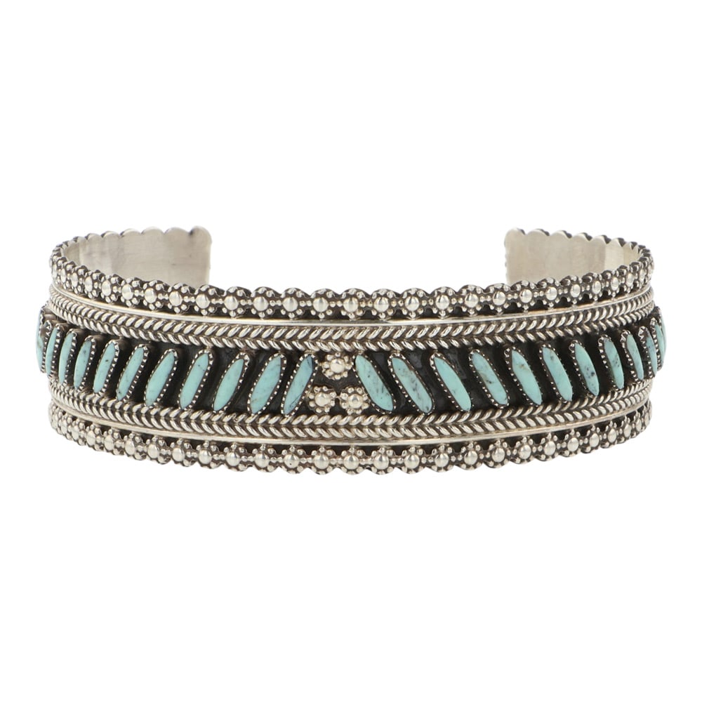 Harry Melikan Zuni Turquoise Needlepoint Bracelet: Sterling Silver | Genuine Turquoise | Harry Melikan Zuni Turquoise Needlepoint Bracelet | Zuni Native American Southwest Indian Jewelry | Good (no breaks or damages) | Approximate Weight: 22 Grams | B