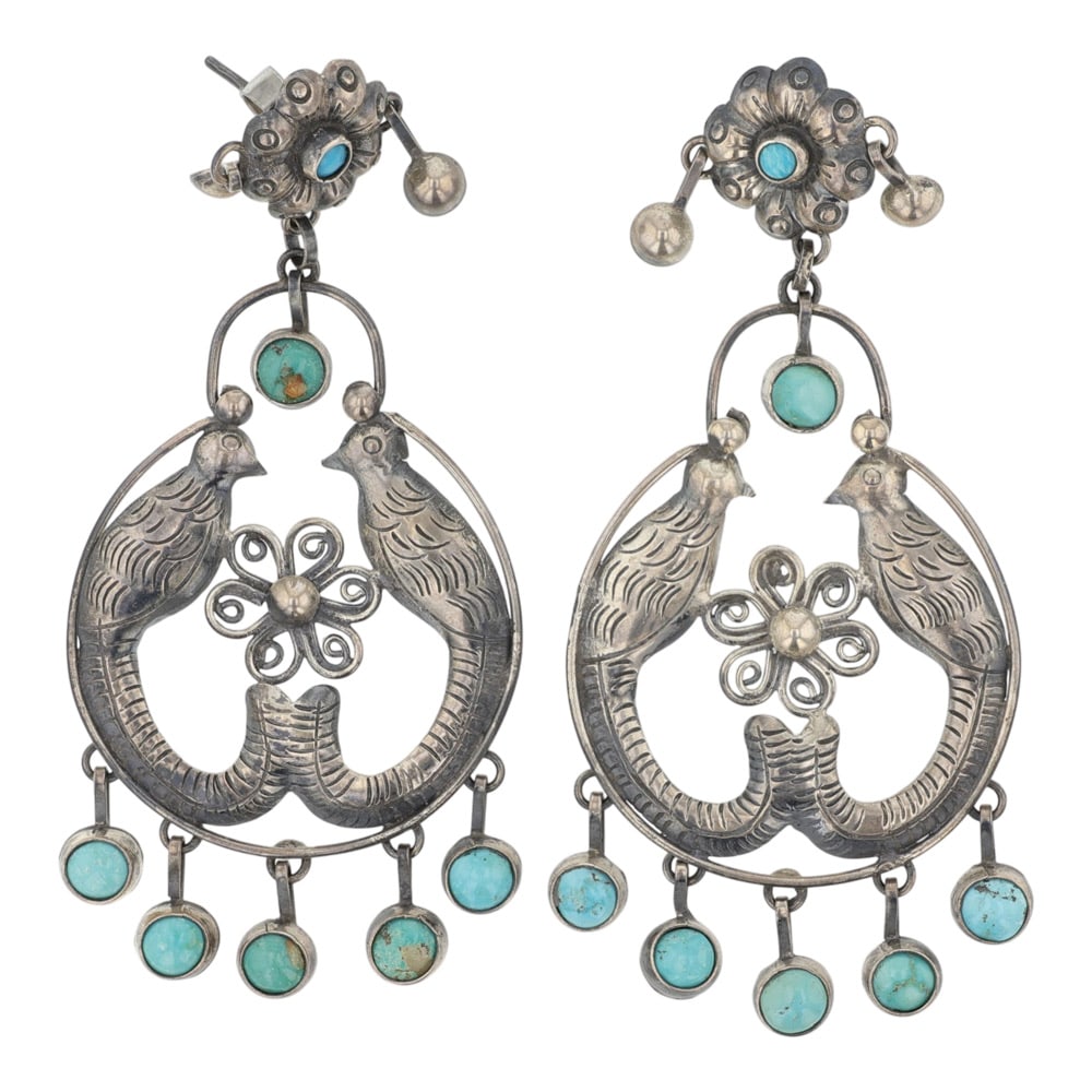 Federico Jimenez Talented Renown Hispanic Artist Southwest Turquoise Lovebirds Earrings: Sterling Silver | Genuine Turquoise | Federico Jimenez Talented Renown Hispanic Artist Southwest Turquoise Lovebirds Earrings | Hispanic Southwest Artist Jewelry | Good (no breaks or damages) | Approx