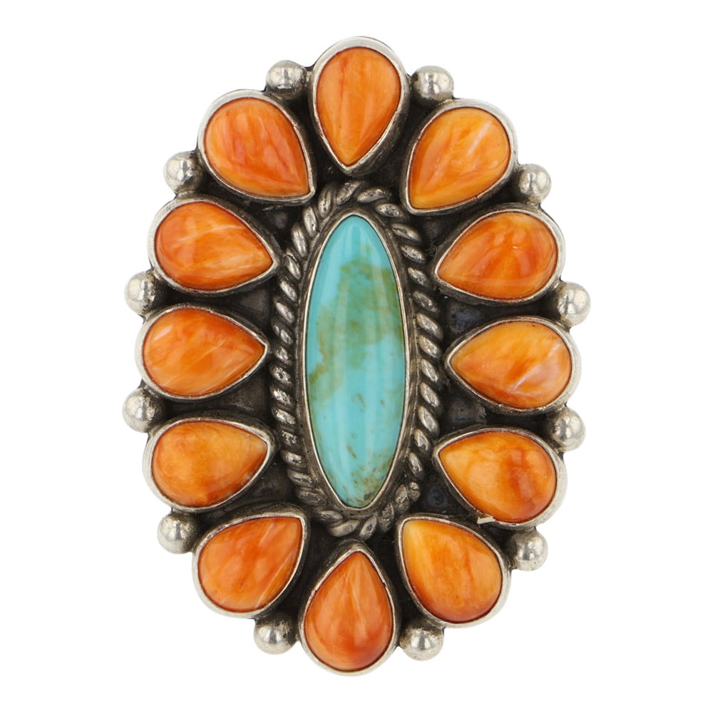Navajo Turquoise & Spiny Oyster Cluster Ring (1 of 3)