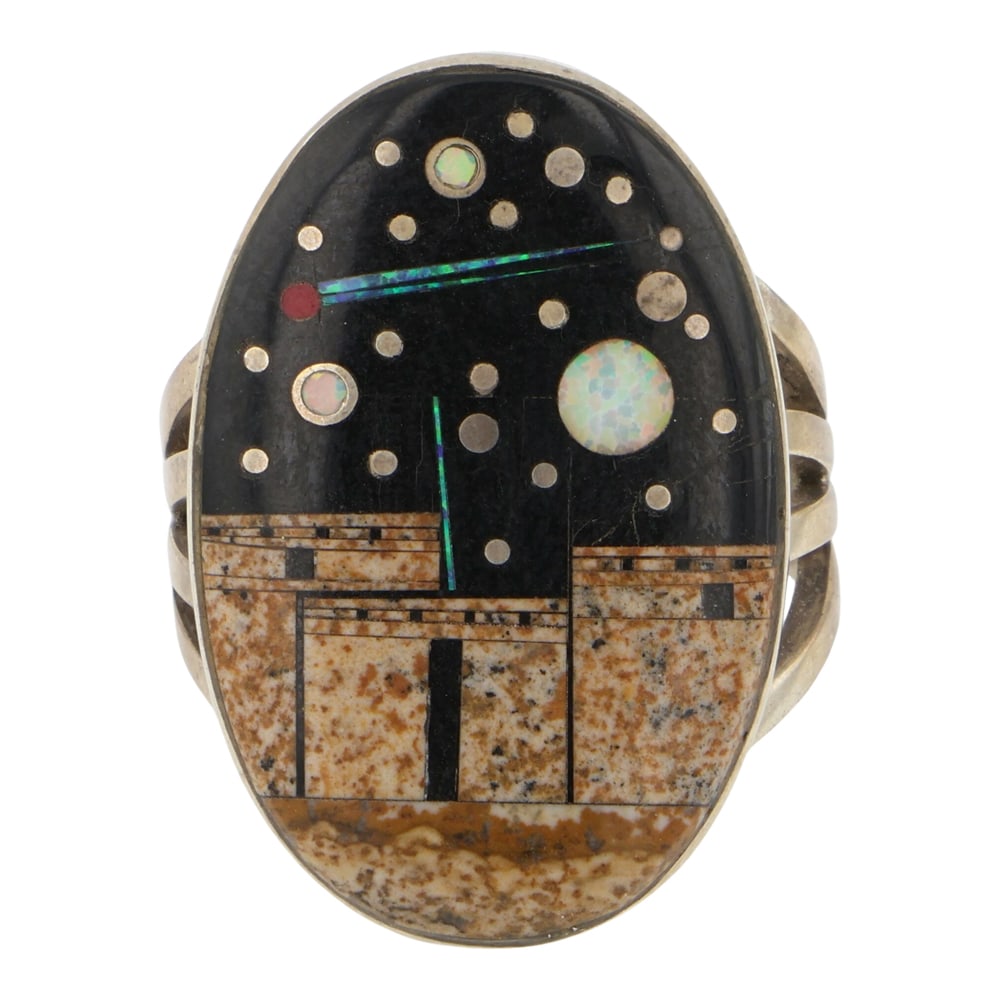 Navajo Coral Picture Jasper Acom Jet & Synthetic Opal Micro Inlay Night Sky Ring (1 of 3)