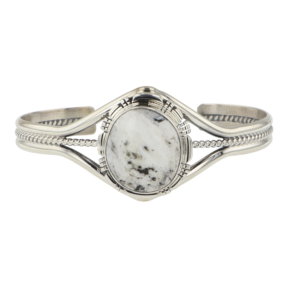 Navajo White Buffalo Cuff Bracelet: Sterling Silver | Genuine White Buffalo | Navajo White Buffalo Cuff Bracelet | Navajo Native American Southwest Indian Jewelry | Good (no breaks or damages) | Approximate Weight: 20 Grams | Bracelet: 