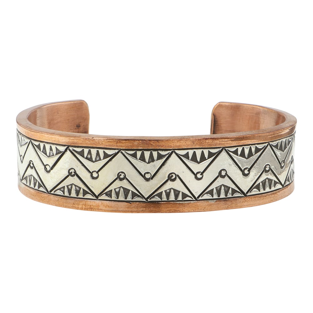 Navajo Sterling Silver & Copper Stamp-Work Heavy Large Bracelet (1 of 3)