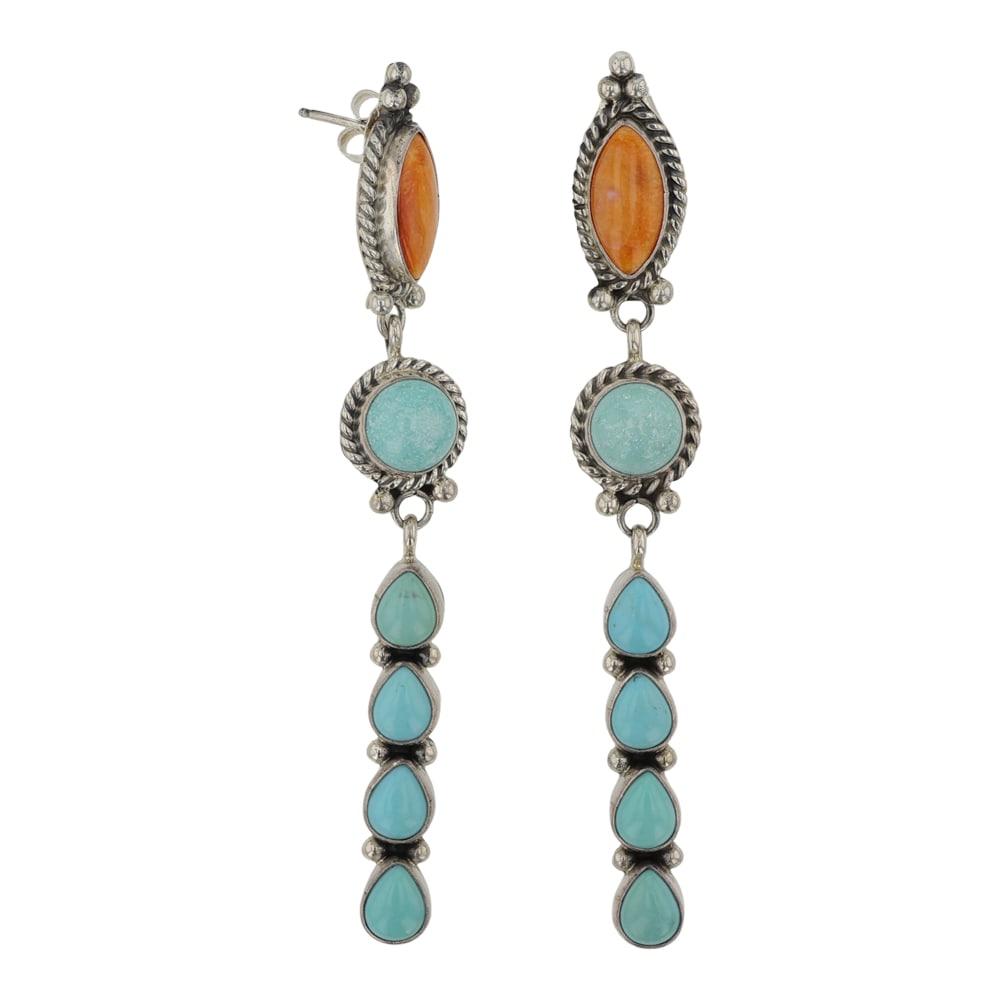 Ella Linkin Navajo Turquoise & Spiny Oyster Earrings: Sterling Silver | Genuine Turquoise & Spiny Oyster | Ella Linkin Navajo Turquoise & Spiny Oyster Earrings | Navajo Native American Southwest Indian Jewelry | Good (no breaks or damages) | Approximate 