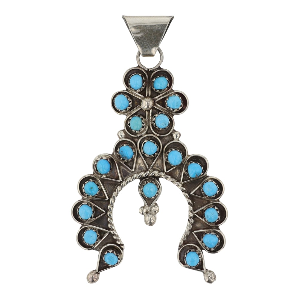 Zuni Kingman Turquoise Naja Pendant: Sterling Silver | Genuine Kingman Turquoise | Zuni Kingman Turquoise Naja Pendant | Zuni Native American Southwest Indian Jewelry | Good (no breaks or damages) | Approximate Weight: 7 Grams | Pendant: