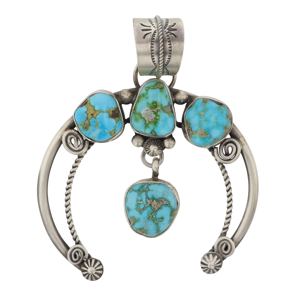 Randall Endito Navajo Sonoran Gold Turquoise Naja Pendant: Sterling Silver | Genuine Sonoran Gold Turquoise | Randall Endito Navajo Sonoran Gold Turquoise Naja Pendant | Navajo Native American Southwest Indian Jewelry | Good (no breaks or damages) | Approxima