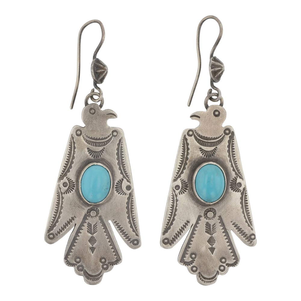 Vintage Navajo Kingman Turquoise Thunderbird Earrings (1 of 2)
