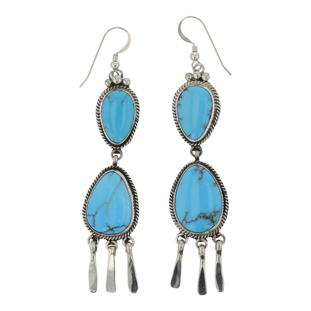 Della Wylie Navajo Prince Turquoise Chandelier Earrings: Sterling Silver | Genuine Prince Turquoise | Della Wylie Navajo Prince Turquoise Chandelier Earrings | Navajo Native American Southwest Indian Jewelry | Good (no breaks or damages) | Approximate Weigh