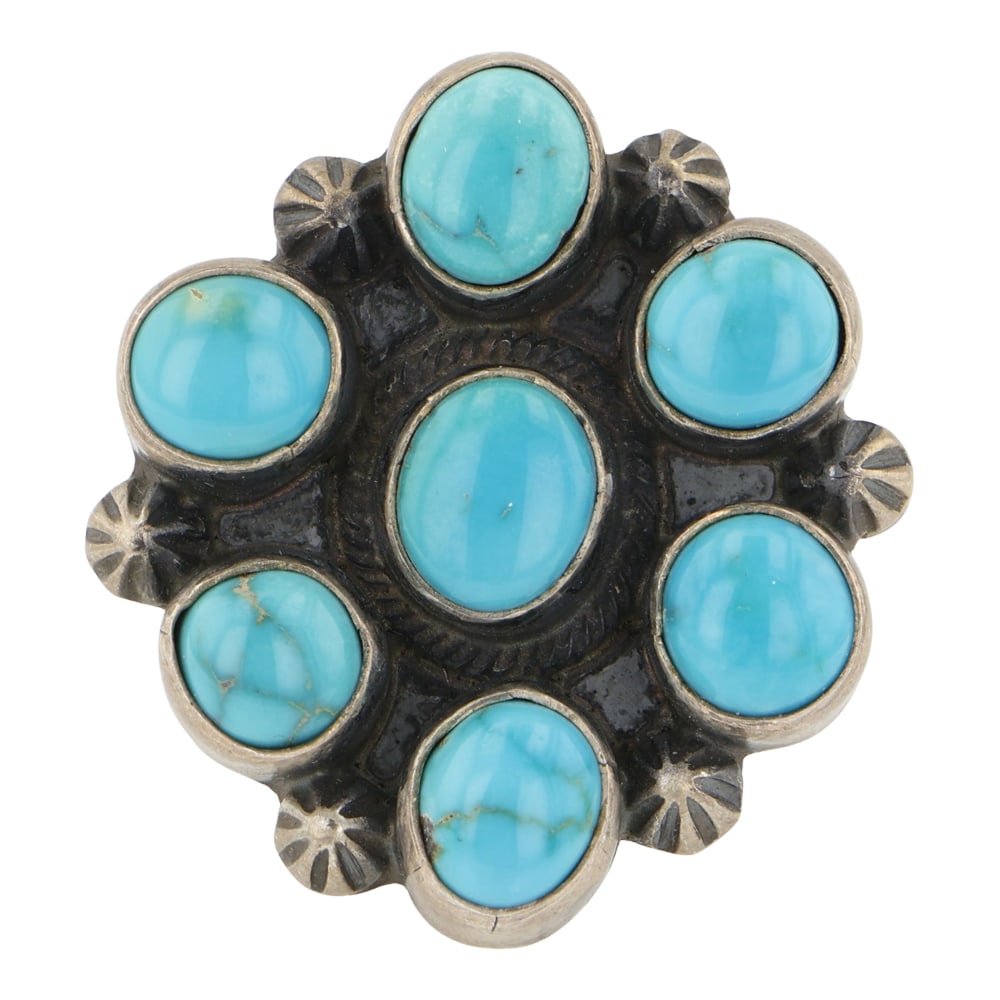 Kathleen Livingston Navajo Blue Ridge Turquoise Cluster Ring: Sterling Silver | Genuine Blue Gem Turquoise | Kathleen Livingston Navajo Blue Ridge Turquoise Cluster Ring | Navajo Native American Southwest Indian Jewelry | Good (no breaks or damages) | Approximat